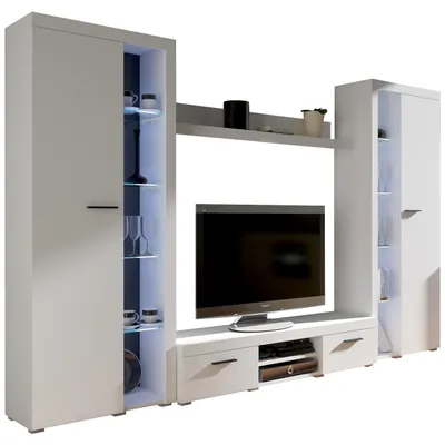 Produktbild von Wohnwand RODOS XL weiß, 4-teiliges Set mit Vitrinen, TV Lowboard und Wandregal