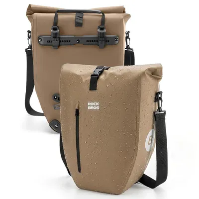 Produktbild von ROCKBROS 2er Set Fahrrad Gepäckträgertasche 3in1 100% Wasserdicht Rolltop Schnellverschluss Reflektierend 20L Braun