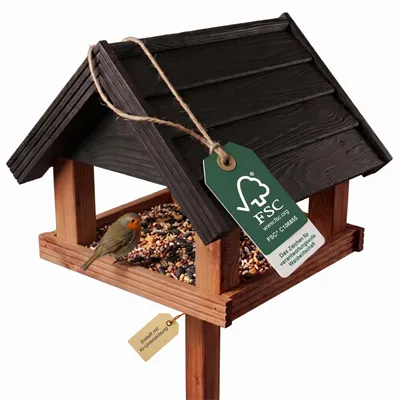 Produktbild von FALINKO Premium Vogelfutterhaus mit Ständer aus Holz – - & Wetterfest – 151 cm Großes Vogelhaus stehend für Wildvögel