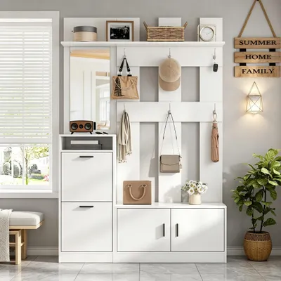 Produktbild von Garderobenschrank mit Schuhschrank 120x30x180cm, Garderobe mit Spiegel und Sitzbank, weiße MDF-Garderobe für den Flur