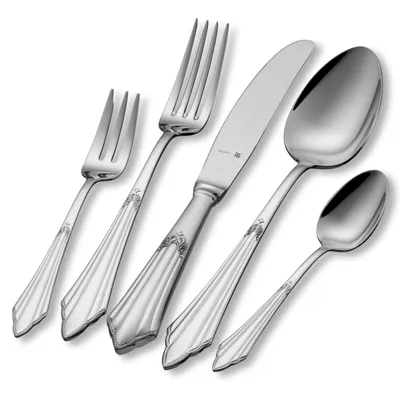 A collection of silverware arranged diagonally on a white background.