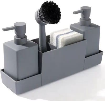 Image de Distributeur de liquide vaisselle avec porte-éponge, gris, pour les mains et la vaisselle