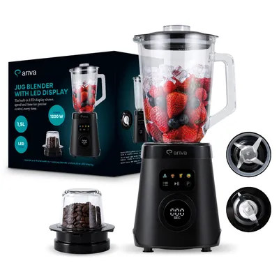 Produktbild von ARIVA Standmixer 1000W mit 1,5L Glasbehälter & Kaffeemühle, Smoothie Maker & Ice Crusher mit LED-Touch-Display, 6 Edelstahlklingen, Auto-Clean