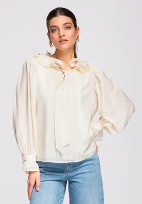 Produktbild von LARICA Damen Bluse Volantkragen Bindeband Elegant Chiffon OW-TS-E0031 beige L