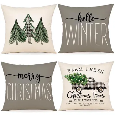 Produktbild von Kissenbezüge Weihnachten 50x50 cm Grau Kiefernmotiv 4er Set Leinen-Mischgewebe