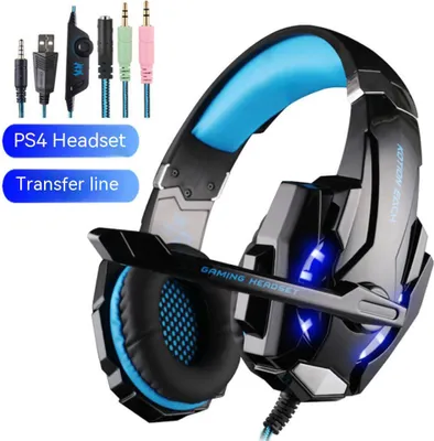 A gaming headset with its accessories and labels on a white background.