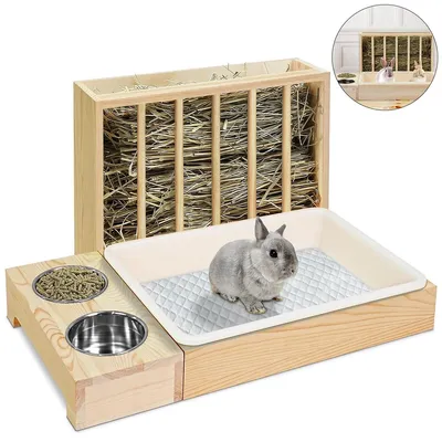 Produktbild von 3in1 Kleintier Futterstation Heuraufe + 2 Edelstahlnäpfe + Katzentoilette Holz Kunststoff Für Kaninchen Meerschweinchen Chinchilla