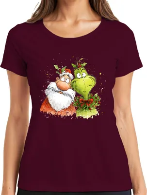 Obrázok produktu pre Grinch Father Christmas Funny Christmas Wreath Gift Cartoon Dámske tričko, bordová, S