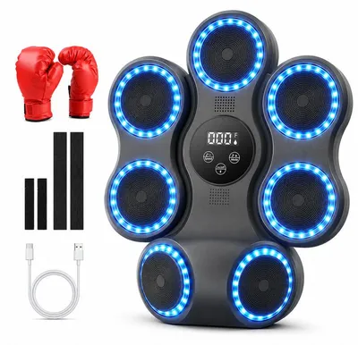Produktbild von Boxmaschine mit Musik für die Wandmontage – 11 Modi und 9 Stufen, Bluetooth, LED, Typ-C – inklusive Handschuhe – Boxtraining bequem von zu Hause