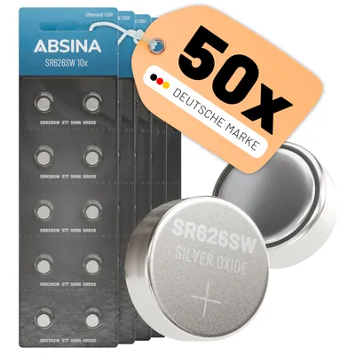 Produktbild von ABSINA SR626SW Uhrenbatterie 1,55V Silberoxid 5x 10er Pack - 377 / SR66 / SR626 / AG4