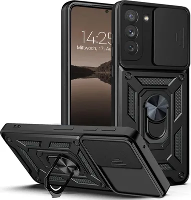 A black phone case with a sliding camera cover and a ring holder is shown from multiple angles, with a phone inside one of the cases.