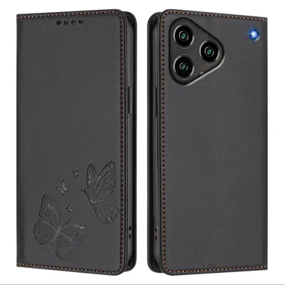 Image de Étui en cuir pour ZTE Blade A76 4G, motif papillon, étui portefeuille à rabat avec support, noir