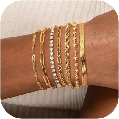 Productafbeelding van Set van 7 damesarmbanden, 14 karaat verguld, verstelbaar, roestvrij staal, modieuze sieraden
