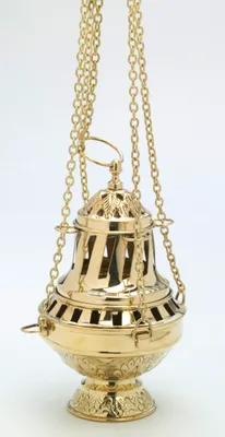 Produktbild von Weihrauchfass mit Kette zum Hängen aus Messing Gold Santiago Serie Höhe 24 cm mit Innenschale aus Stahl für die Räucherkohle