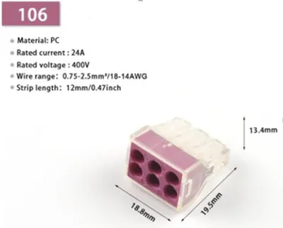 Produktbild von 20 Stk. Verbindungsklemme 24A/400V, 18-14AWG (0,75-2,5mm²) - PCT102-PCT108 : sechsfach Ausführung: sechsfach