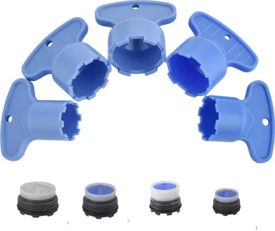 A set of blue plastic faucet aerator keys and several faucet aerators.