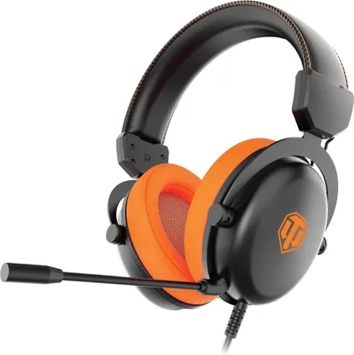 A black and orange gaming headset with a microphone.