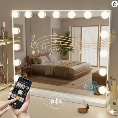 Productafbeelding van OMNIEXA Hollywood Spiegel - 58x46 cm - 15 LED Lampen - Dimbaar - Bluetooth Speaker - USB Oplaadpunt - Wit, AI-gegenereerde afbeelding