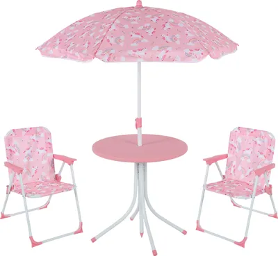 Produktbild von Relaxdays Camping Kindersitzgruppe, Einhorn Motiv, Kindersitzgarnitur mit Schirm, Klappstühlen & Tisch, Garten, rosa