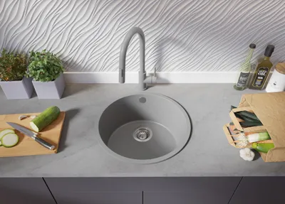 Produktbild von PRIMAGRAN Spülbecken Rund Grau 46x46cm, Granitspüle 1 Becken + Ablauf-Set, Küchenspüle ab 50er Unterschrank - Valletta Slim