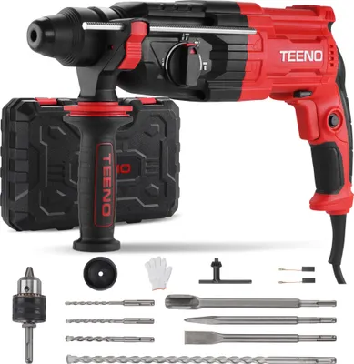 Produktbild von TEENO Bohrhammer 950 W kabelgebundener SDS-Plus mit 17 Zubehörteilen, 0–1150 U/min/5100 BPM Schlagbohrmaschine mit 4 Funktionen und Sicherheitskupplun