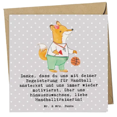 Produktbild von Mr. & Mrs. Panda Grußkarte Handball Trainerin Dankeschön - Grau Pastell - Geschenk, motivierst, Danksagung, doppelkarte, faltkarte, hartes Training, Klappkarte, Sportart