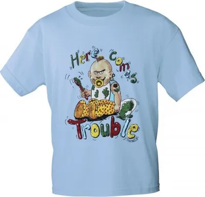 Produktbild von Kinder T-Shirt mit Print - Here comes trouble - 08139 - hellblau - Gr. 86-164 Größe - 86/92