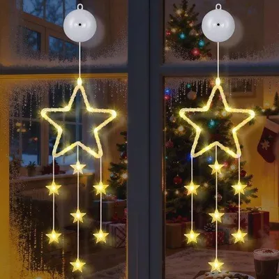 Productafbeelding van 2 Stuks Kerstster Raamverlichting - LED Hanglampen met Zuignap en Timerfunctie - 8 Modi Warm Wit voor Binnen en Kerstdecoratie