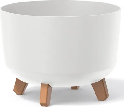 A white planter pot with three copper-colored legs, shown against a white background.