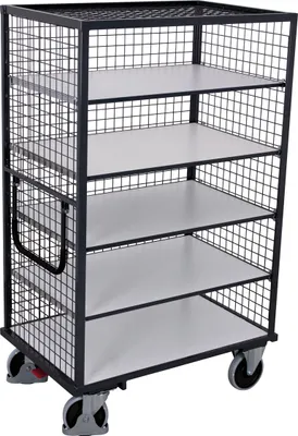 Produktbild von VARIOfit ESD Etagenwagen, außen vergittert mit Schiebebügel und 5 Ladeflächen 1045x685mm