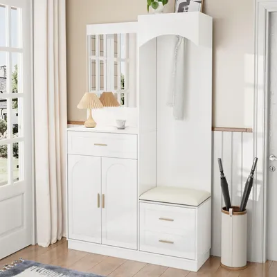 Image de MODFU Meuble d’Entrée Design avec Miroir et Portes Courbées, Armoire de Rangement avec Étagères Réglables - 110x33x185.5 cm, Blanc