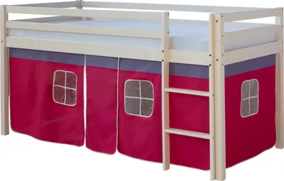 Produktbild von Kinderbett Hochbett Massiv Kiefer weiß pinker Vorhang,Spielbett