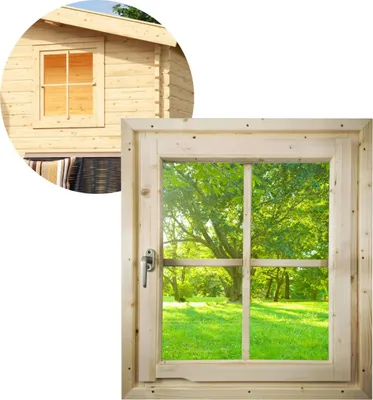 A collage showing a close-up of a wooden window and a detail of a wooden cabin with a window.