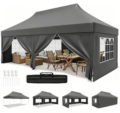 Obrázek produktu pro Skládací pavilón 3x6 metrů, šedé barvy, vodotěsný, s UV ochranou 50+, výškově nastavitelný, s 4 bočními stěnami