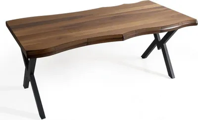 Productafbeelding van Eettafel, houten tafel met boomrand, keukentafel, eetkamertafel, metalen poten