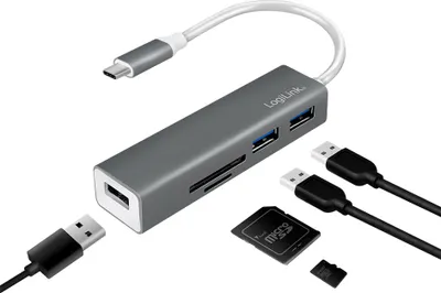 Produktbild von LogiLink UA0305, Kabelgebunden, USB 3.2 Gen 1 (3.1 Gen 1) Type-C, Aluminium, MicroSD (TransFlash), SD, USB 3.2 Gen 1 (3.1 Gen 1) Type-A, Aluminium