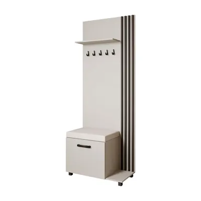Produktbild von Garderobenschrank LIVIA Rechts Kaschmir – Garderobe mit Kleiderhaken, Schuhschrank, schwarze Lamellen, hellbeiges Sitzkissen, Hochschrank, Flurmöbel