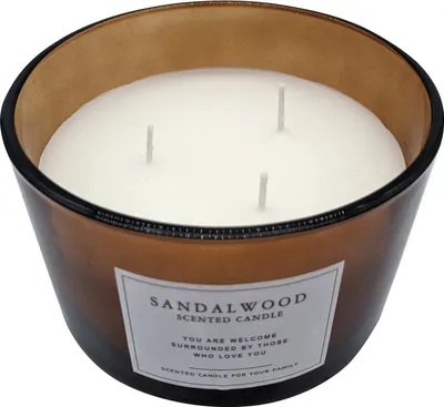 Produktbild von 3-Docht Duftkerze im Glas 13 cm - Sandelholz Duft - Aroma Stumpenkerze parfümiert im Milchglas mit Kork Deckel