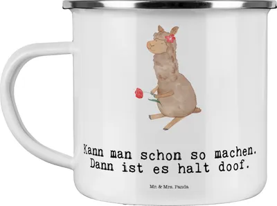 Produktbild von Mr. & Mrs. Panda becher emaille Alpaka Blume - Weiß - Geschenk, Lama, Motivtasse, Blechtasse, Dekoration, Lamas, Tasse, Haferl, Pott