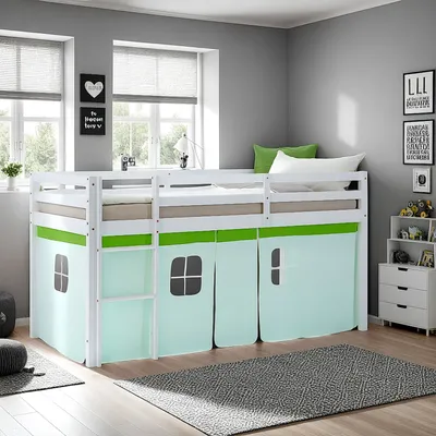 Produktbild von Homestyle4u Kinder Hochbett 90x200 mit Matratze und Lattenrost Vorhang Grün