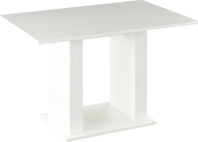 A white bistro dining table with a rectangular top and two rectangular pedestal legs.
