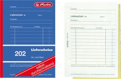 Two images of a German delivery note form book. The left image is a product shot of the cover, and the right image is a scan of an open form.