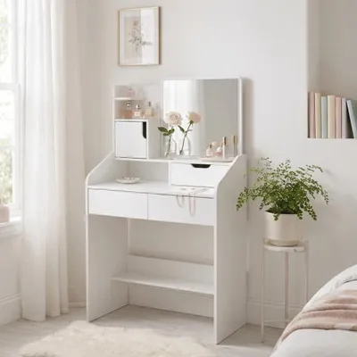 Zdjęcie produktu dla Toaletka kosmetyczna z lustrem do makijażu wizażu z szufladami i otwartymi półkami 70 cm FUNFIT biała