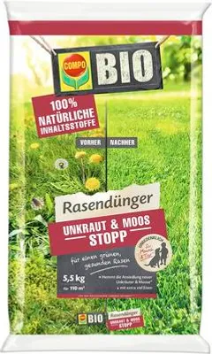 Produktbild von Rasendünger Unkraut & Moos Stopp Compo 5,5 kg 110 m² ,organisch-mineralischer Dünger mit vorbeugender Wirkung gegen die Neubildung von Unkraut und Moos