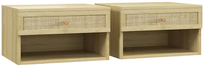 Produktbild von Set aus 2 Nachttischen im Boho-Stil mit Schublade und offenen Regalen, Spanplatte und Rattan, 40 x 34 x 23 cm