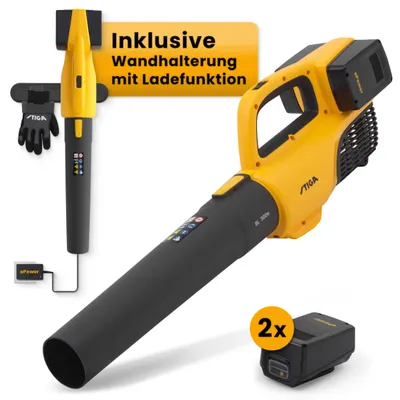 Produktbild von STIGA Akku Laubbläser | Leistungsstarker Laubbläser inkl. 2x 20 V Akku & Wandhalterung mit Ladefunktion | 2-stufiges Gebläse bis 155 km/h | kabellos