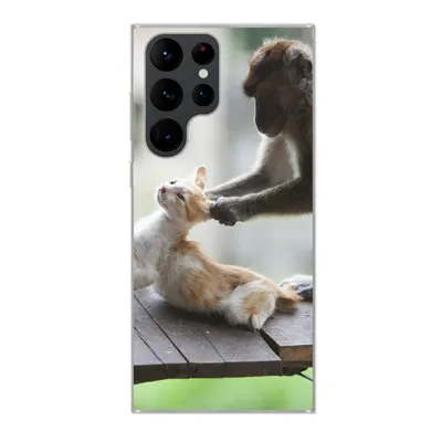 Produktbild von MuchoWow® Handyhülle Schutzhülle Hülle für Samsung Galaxy S22 Ultra Katze - Affe - Holz Silikon Softcase Handy Hülle - Abbildung