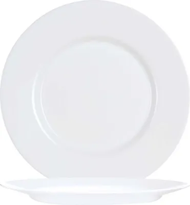 A white plate is shown from a slightly elevated side view, with another plate underneath it.
