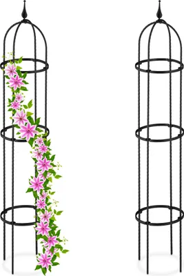 Produktbild von Relaxdays, Rankhilfe, H: 130 cm, D: 25 cm, 2er Set, Stahl & Kunststoff, Schwarz, Wetterfest mit 3 verstellbaren Ringen, für Kletterpflanzen, dekorative Spitze zum Stecken