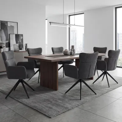 Productafbeelding van Set van 6 eetkamerstoelen, model HWC-N11. Stoelen, draaibaar met automatische terugdraaimechanisme. Bekleding: stof bouclé, 350g/m², donkergrijs. Poten: donkergrijs